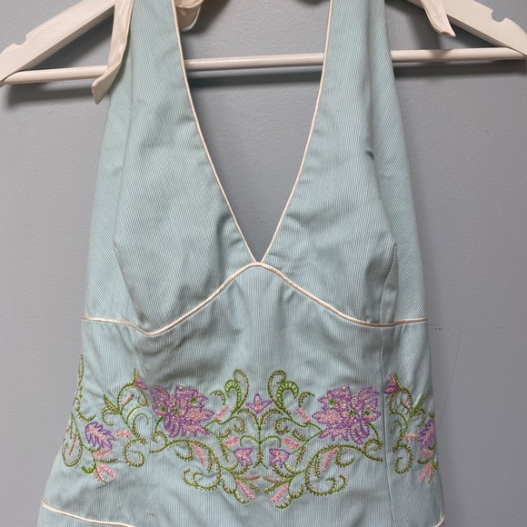 Blue and White Stripe with Embroidery Halter Dress - Picture 2 of 10